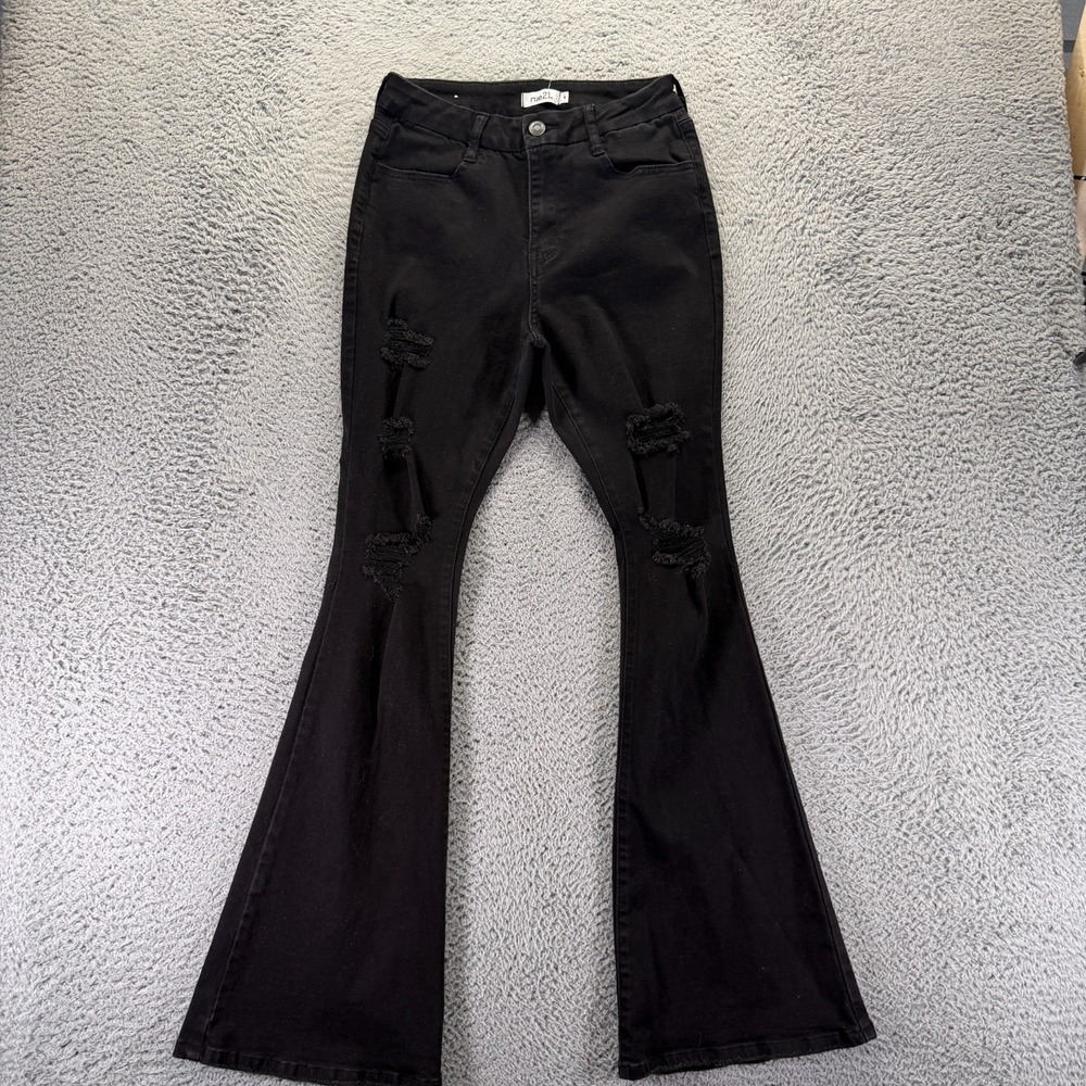 Rue21 Jeans Women's 8 Black Cotton Denim Flared Distressed Workwear Stretch